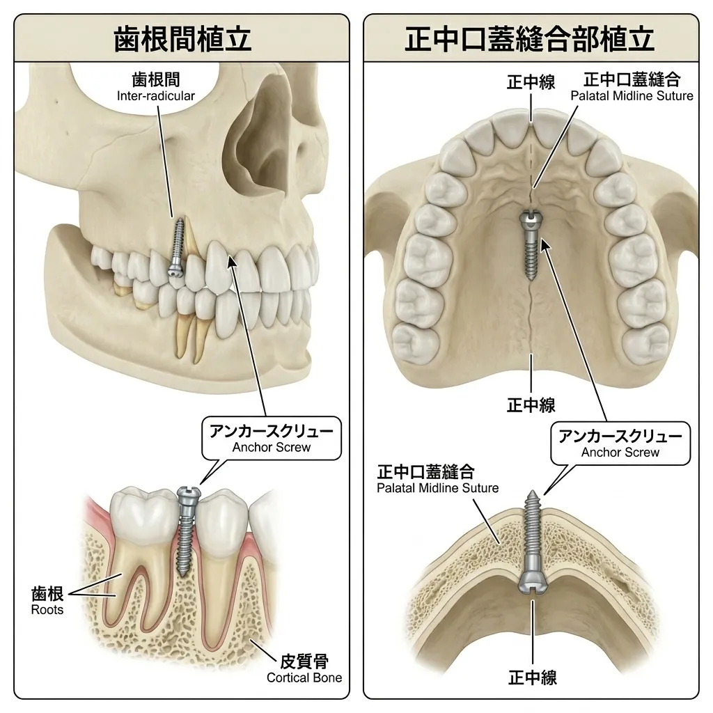 歯根間スクリューとi-stationの植立位置の比較図
