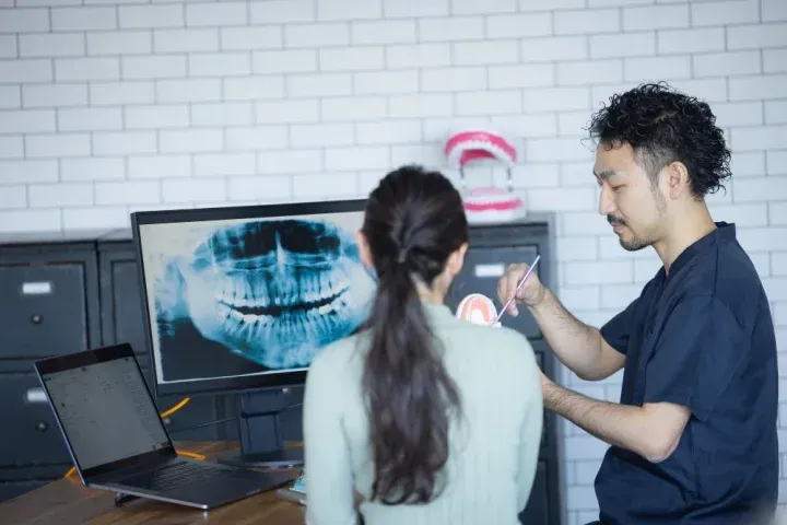 レントゲンや歯の模型を使って説明する歯科医