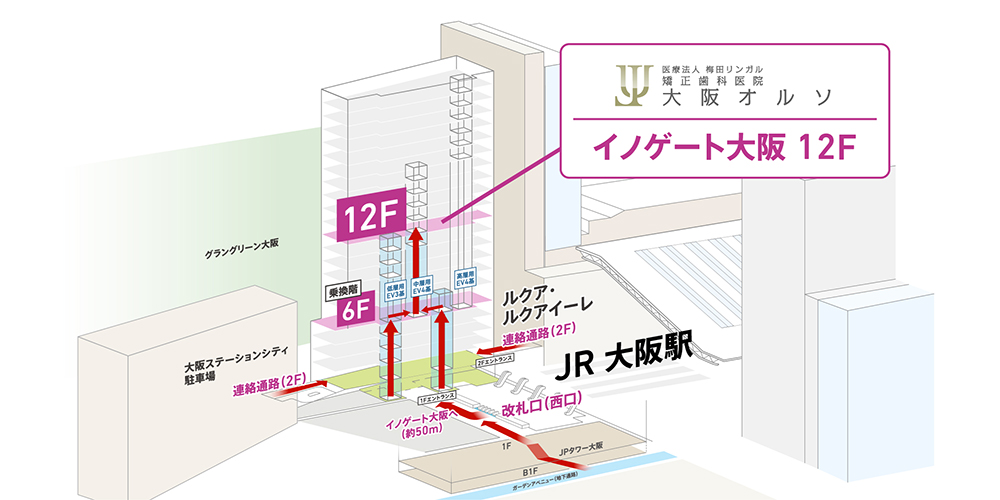 JR大阪駅西口からイノゲート大阪までのアクセスマップ。1階エントランスからエレベーターを乗り継ぎ、大阪オルソ(12階)へ向かうルートが示されています。連絡通路でルクアや駐車場とも接続。